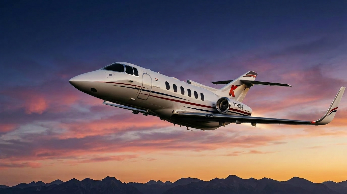 Hawker 900XP private jet in flight over the Himalayas at twilight